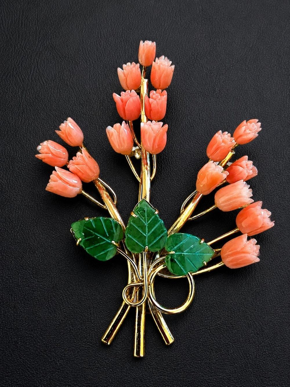 Vintage Swoboda Angel Skin Coral Tulip Flower Bouquet Jade Brooch SIGNED